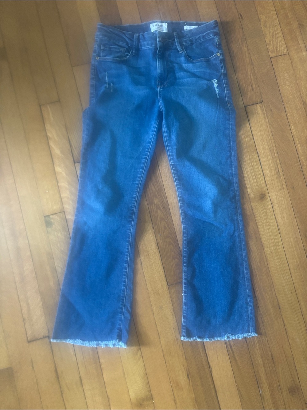 Frame Denim Le Crop Mini Boot Blue Flare Jeans with Frayed Hem